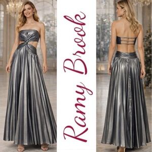 RAMY BROOK Destiny Gown Gunmetal Silver Strapless‎ Pleated Cutout Black Tie, 8